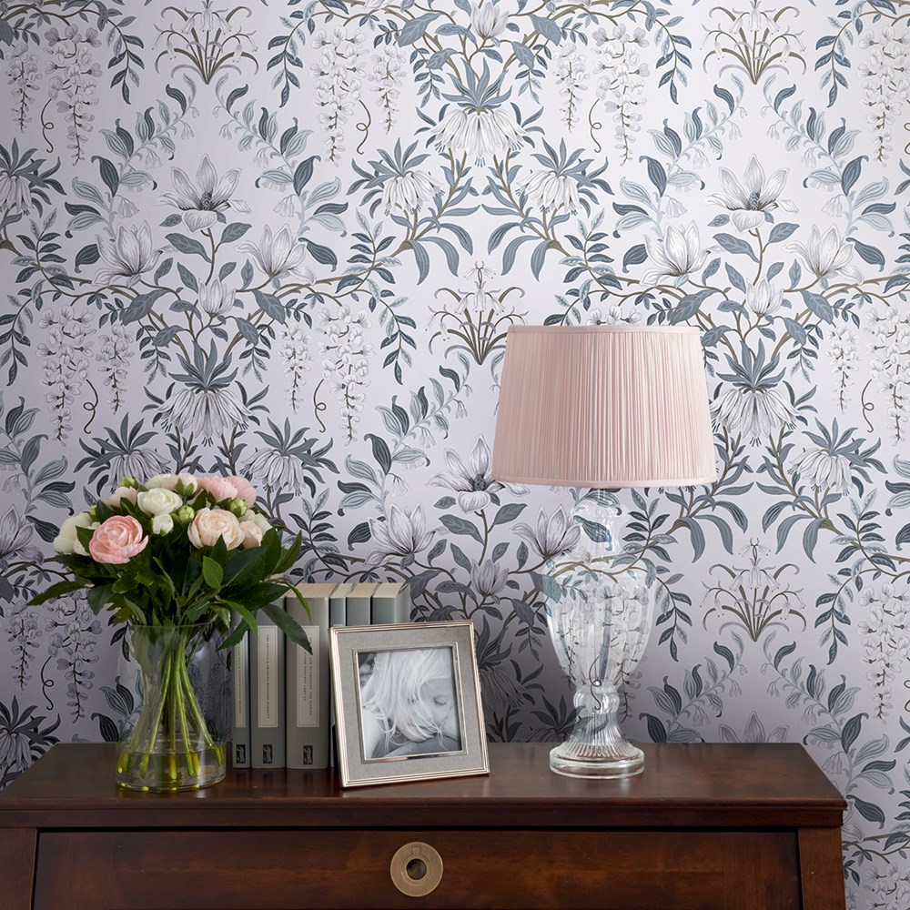 Parterre Floral Wallpaper 113405 by Laura Ashley in Off White Seaspray Blue